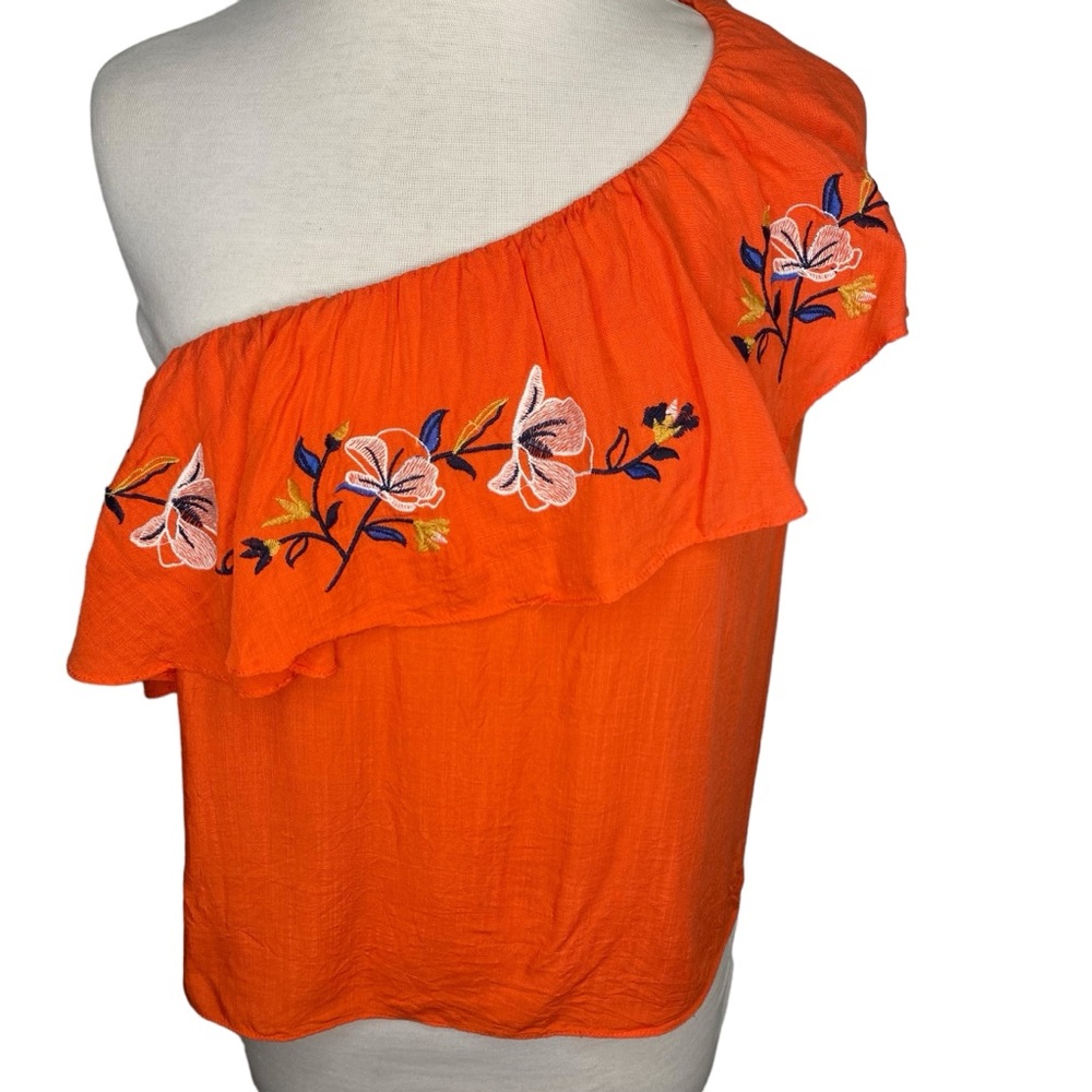 Flying Tomato Orange One-Shoulder Ruffle Top with Floral Embroidery